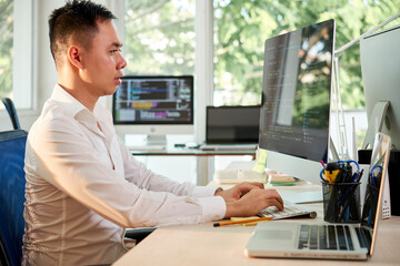 Wall Mural - side view of programmer sitting at office desk and coding on computer