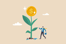 Financial Or Investment Growth, Increase Earning Profit And Capital Gain, Success In Wealth Management Concept, Smart Businessman Investor Finish Watering Growing Money Plant Seedling With Coin Flower
