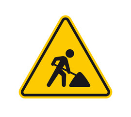 Vector yellow triangle sign - black silhouette figure with a shovel - roadwork. Isolated on white background.