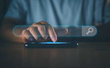 Leinwandbilder - Data Search Technology Search Engine Optimization. man's hands are using smartphone to find what they are interested in. Searching for information with your website. internet networking. SEO.