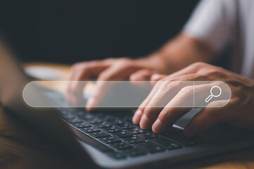 Leinwandbilder - SEO Data Search Technology Search Engine Optimization. man's hands are using a computer laptop to find what they are interested in. Searching for information with your website. internet networking.