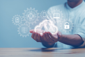 Wall Mural - man showing virtual screen with cloud computing diagram. cloud technology. data storage. networking 