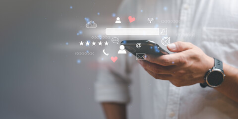 Leinwandbilder - Search engine optimization, SEO, Searching Browsing Internet Data Information Networking Concept, Businessman use smartphone for find data on networking, copy space.