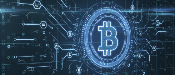 Creative wide glowing blue digital bitcoin hologram on dark background. Cryptocurrency and symbol concept. Landing page. 3D Rendering.