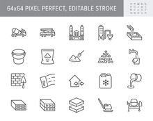 Concrete Line Icons. Vector Illustration Include Icon - Brick, Construction, Broken Stone, Spatula, Mixer Truck, Putty Outline Pictogram For Cement Manufacturing. 64x64 Pixel Perfect, Editable Stroke