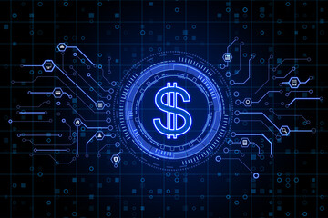 creative glowing dollar sign on dark blue background with circuit. currency and online banking conce
