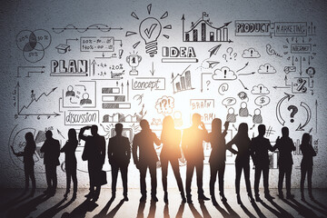 Wall Mural - Start up and teamwork concept with people silhouettes on light wall background with black handwritten business plan details.