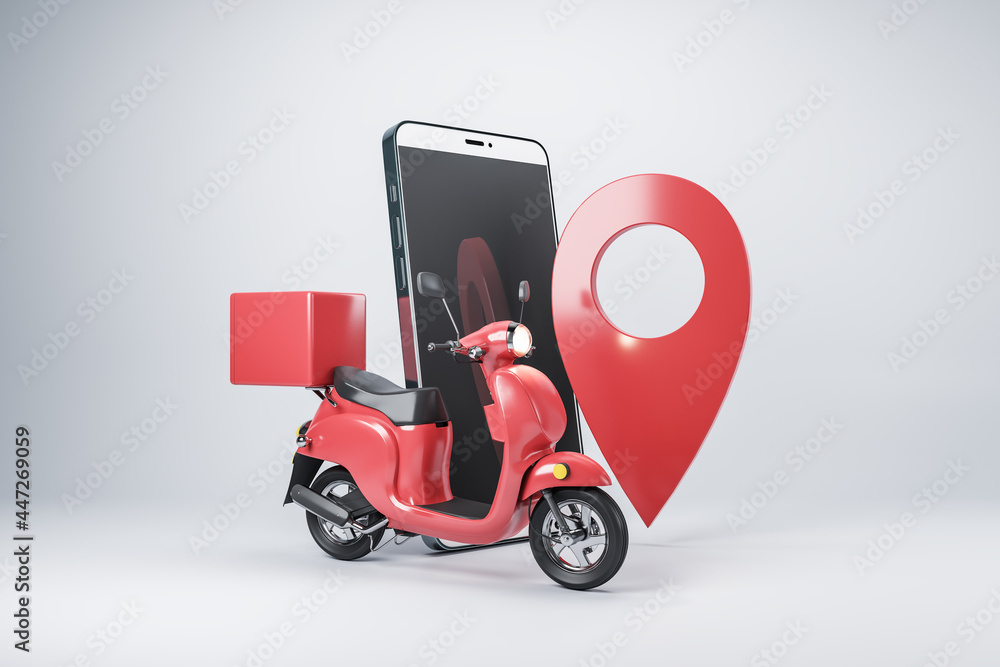 Mobile delivery concept with red scooter with trunk, pin location, and smartphone on abstract light background - obrazy, fototapety, plakaty 