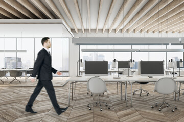 Wall Mural - Businessman in suit walking in wooden conference room interior with city view, daylight, furniture and equipment. Design and ceo worker concept.