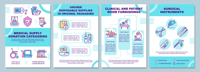 Medical supply donation categories brochure template. Flyer, booklet, leaflet print, cover design with linear icons. Vector layouts for presentation, annual reports, advertisement pages