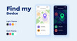 © IMG visuals icons - Find my device cartoon smartphone interface vector templates set. Mobile app screen page day and dark mode design. Tracking family member location UI for application. Phone display with flat character