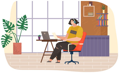 Wall Mural - Young man working in office typing on computer with headphones, businessman at workplace with laptop. Happy male character listening to music, student learns from an audio or video lesson at home