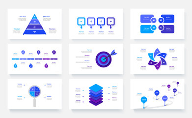 Nine infographic presentations slides. Set of vector illustrations for business analysis. Puzzle, pyramid, timelines and other abstract elements