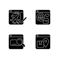 Sticker - Engaging audience with content black glyph icons set on white space. Online booking system. Anonymous social media. Search engines. Order tracking. Silhouette symbols. Vector isolated illustration