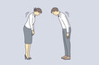 © Dzianis Vasilyeu - International business communication and rules concept. Young business people colleagues cartoon characters standing making Japanese greeting bow vector illustration