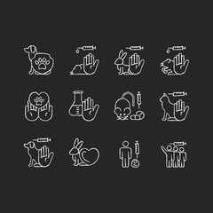 Sticker - No animal testing chalk white icons set on dark background. Dog and cat protection. Pet friendly mark. Cruelty free label for cosmetic. Isolated vector chalkboard illustrations on black