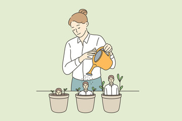 Wall Mural - Human resources and career concept. Young woman recruiter cartoon character standing watering pots with growing business man inside vector illustration 