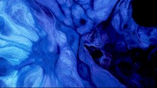 Fluid Art. Dark Neon Blue Black Colors Ink And Shiny Particles Macro. Liquid Abstractions. Abstract Painting Texture. Moving Color Background.