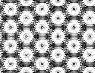 Seamless hexagon textured pattern with kaleidoscope effect. Symmetric abstract geometric ornament in black and white for digital paper, textile printing, wallpaper background design.