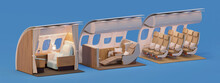 Airplane interior cross-section. First and business chairs and economy class seats. Passenger aircraft with Cabins of the different travel classes. 3d illustration