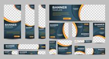 Dark Grey Banner Templates Set With Standard Size For Web. Business Banner With Place For Photos For Social Media, Cover Ads Banner, Flyer, Invitation Card. Vector EPS 10