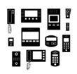 Black icons or symbols set of intercom devices, vector illustrations isolated.
