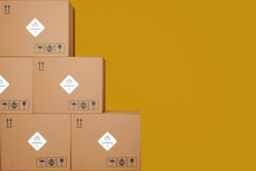 Poster - Dangerous goods, cardboard boxes with markings Explosives on a yellow-brown background. 3d rendering