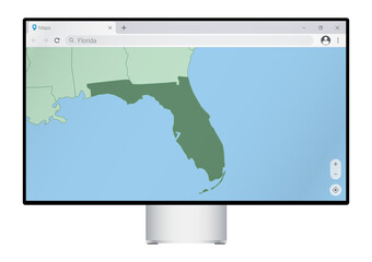 Computer monitor with map of Florida in browser, search for the country of Florida on the web mapping program.