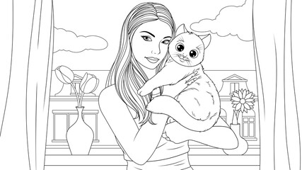 Vector illustration, a beautiful girl holding a beloved cat pet in her arms