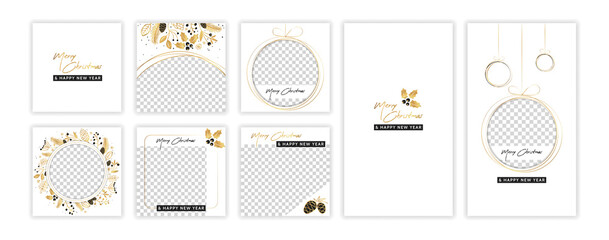 christmas and new year post and stories template set for social media. gold ornament design backgrou