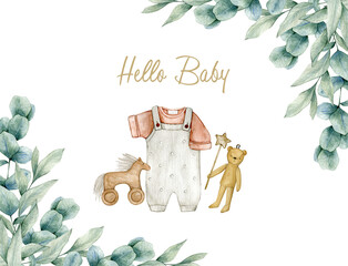 watercolor illustration card hello baby with eucalyptus frame, jumpsuit and wood toys. isolated on w