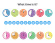 Game for kids early Montessori training. Determine by the hour what time it is. Preschool Time Learning. Vector illustration
