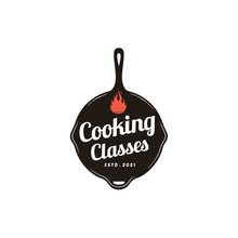 Vector Cooking Class Logo. Vintage Old Skillet Cast Iron Logo Design Restaurant	
