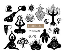 Mystical Celestial And Solar Spiral Goddess Isolated Cliparts Bundle, Mystical Wiccan Woman Silhouette, Female Symbol, Uterus, Rainbow, Moon, Sun Esoteric Objects, Black And White Vector Illustration