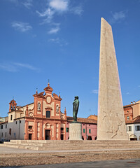 Poster - Lugo, Ravenna, Emilia Romagna, Italy: view of the statue of the Italian top fighter ace of World War I Francesco Baracca with the 27m high airplane wing