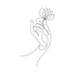 Hand holds a lotus flower hand drawn by one line. Symbol of Buddhism, Yoga, Hinduism, Spirituality. Yoga mudra. Black and white vector illustration.