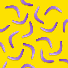 Wall Mural - Violet boomerangs on yellow background, flat lay