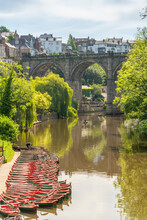 View Of Knaresborough Viaduct And The River Nidd With Town Houses In The Background, Knaresborough, North Yorkshire, England