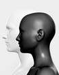 3d render illustration of light grey and black colored male and female faces on grey background, relationship psychology concept.