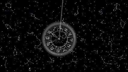 animation of black and white swinging pendulum with horoscope symbol. single object isolated on star