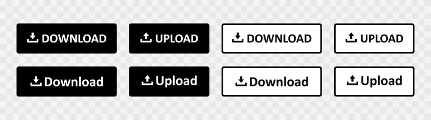 Download buttons vector set. Upload buttons vector set, Download and upload UI elements on transparent background. Website and App icons interface design. Flat and modern vector illustration.
