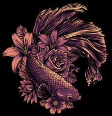 Wall Mural - fish betta splendens with flowers vector illustration