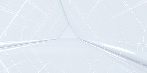 Futuristic modern white background. Abstract Triangle tunnel with light. Sci-fi corridor concept. 3d rendering.