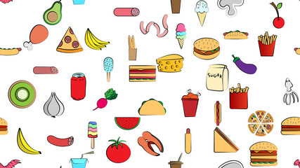 Wall Mural - Endless white seamless pattern of delicious food and snack items icons set for restaurant bar cafe: fast food, cheat meat, burger, pizza, hot dog, sandwich, fruits, vegetables. The background