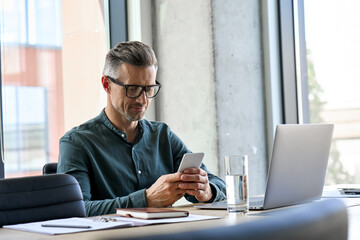 Smiling mature businessman holding smartphone sitting in office. Middle aged manager ceo using cell phone mobile apps and laptop. Digital technology applications and solutions for business development