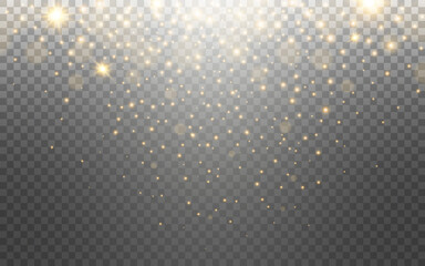 Poster - Glitter gold particles on transparent background. Golden glowing stars and confetti. Greeting card template. Falling stardust effect. Christmas magic light. Vector illustration