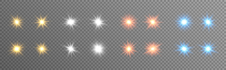 Poster - Glowing lights set. Color stars on transparent backdrop. Bright flares collection. Sparkling Christmas elements. Festive effects and rays. Vector illustration
