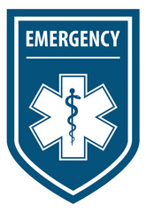 Wall Mural - Emergency Paramedic text on shield label with symbol Star of Life emblem. Medical icon of emergency or ambulance paramedic.