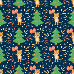 Wall Mural - Merry Christmas and Happy New Year seamless pattern with cute tigers, symbol 2022 year and christmas tree. Holiday winter vector illustration for wrapping paper or festive textile
