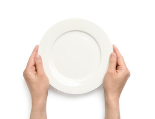 Sticker - Top view of woman holding empty plate on white background, closeup